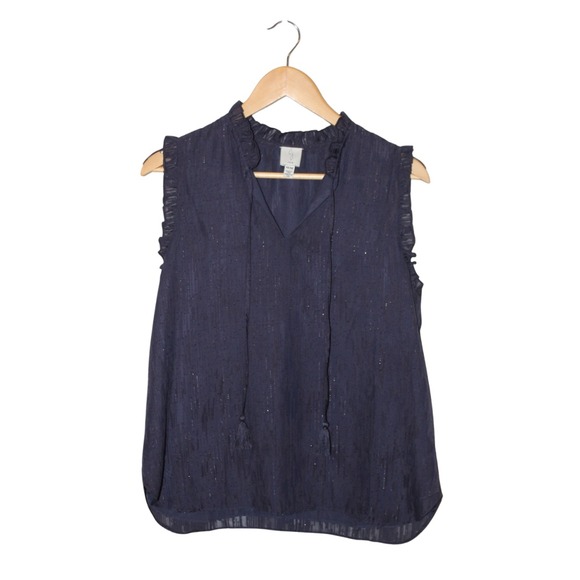 Joie Tops - Joie Sheer Metallic Sleeveless Shirt Sz M Blue Silver Ruffle